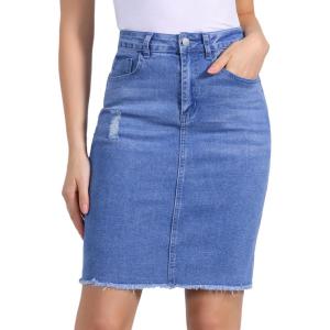imageAllegra K Womens Basic Distressed High Waist Ripped Hem Washed Jeans Denim SkirtBright Blue