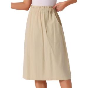 imageAllegra K Womens Cotton ALine Skirt Elastic Waist Casual Peasant Midi Skirts with PocketsKhaki