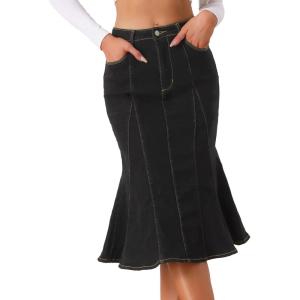 imageAllegra K Womens Ruffle Denim Skirt Midi Bodycon High Waist Fishtail Jean SkirtsBlack