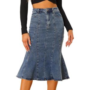 imageAllegra K Womens Ruffle Denim Skirt Midi Bodycon High Waist Fishtail Jean SkirtsBlue Gray