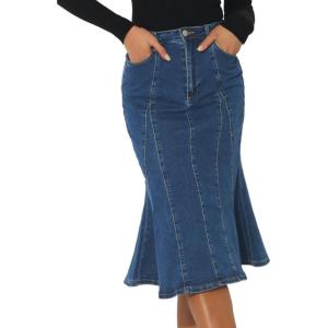 imageAllegra K Womens Ruffle Denim Skirt Midi Bodycon High Waist Fishtail Jean SkirtsDark Blue