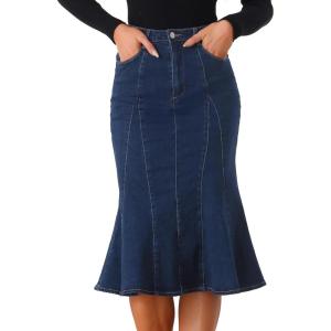 imageAllegra K Womens Ruffle Denim Skirt Midi Bodycon High Waist Fishtail Jean SkirtsDeep Blue