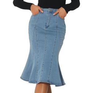 imageAllegra K Womens Ruffle Denim Skirt Midi Bodycon High Waist Fishtail Jean SkirtsLight Blue