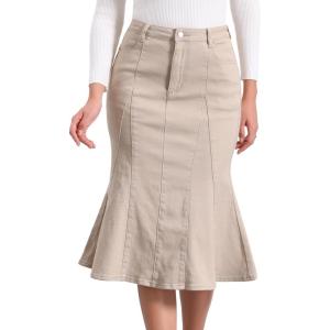 imageAllegra K Womens Ruffle Denim Skirt Midi Bodycon High Waist Fishtail Jean SkirtsLight Khaki