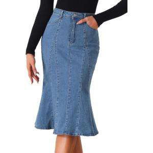 imageAllegra K Womens Ruffle Denim Skirt Midi Bodycon High Waist Fishtail Jean SkirtsSky Blue