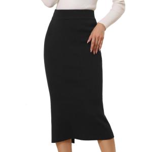 imageAllegra K Womens Sweater Skirts Ribbed Knit Elastic High Waist Stretchy Slit Casual Office Pencil Midi SkirtBlack