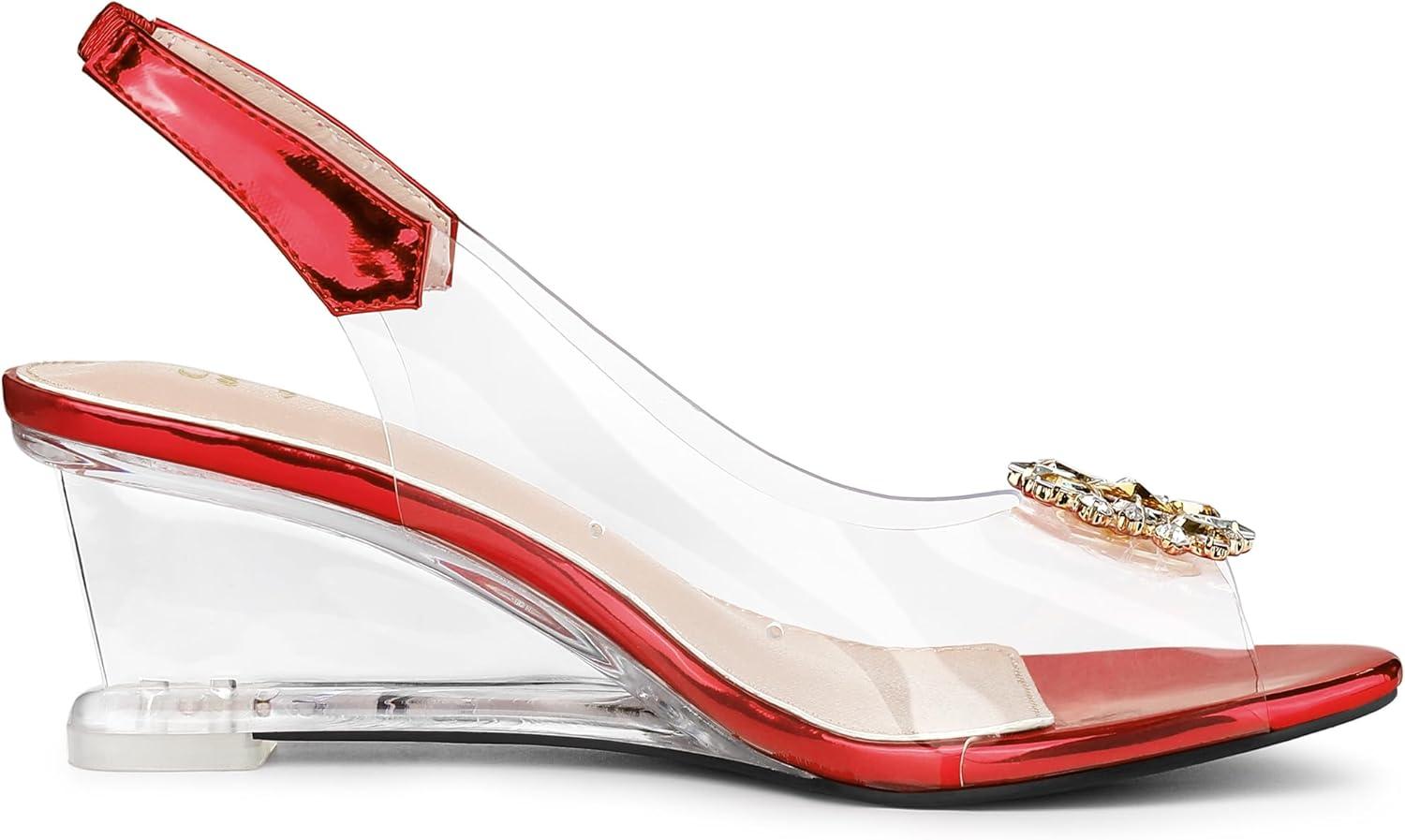 imageAllegra K Womens Clear Slingback Wedges Rhinestone Transparent Peep Toe HeelsRed