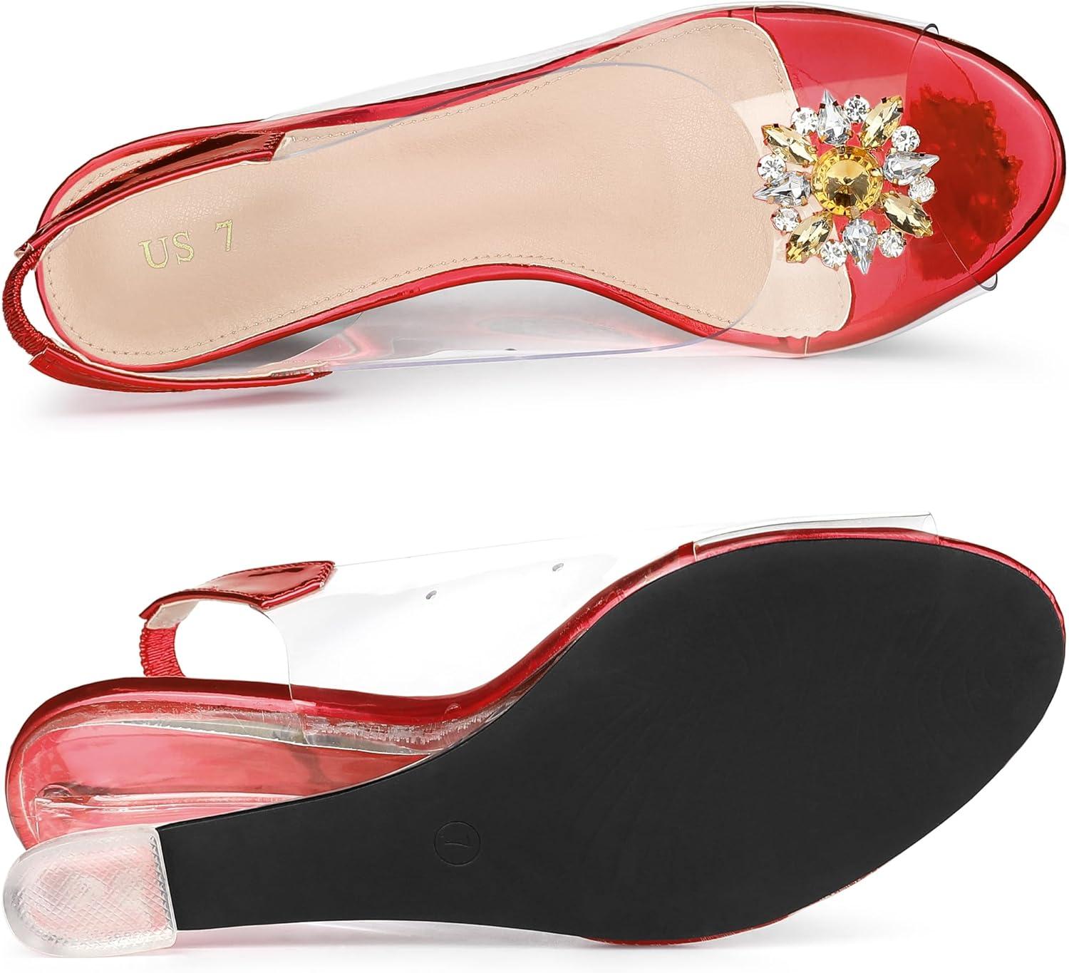 imageAllegra K Womens Clear Slingback Wedges Rhinestone Transparent Peep Toe HeelsRed