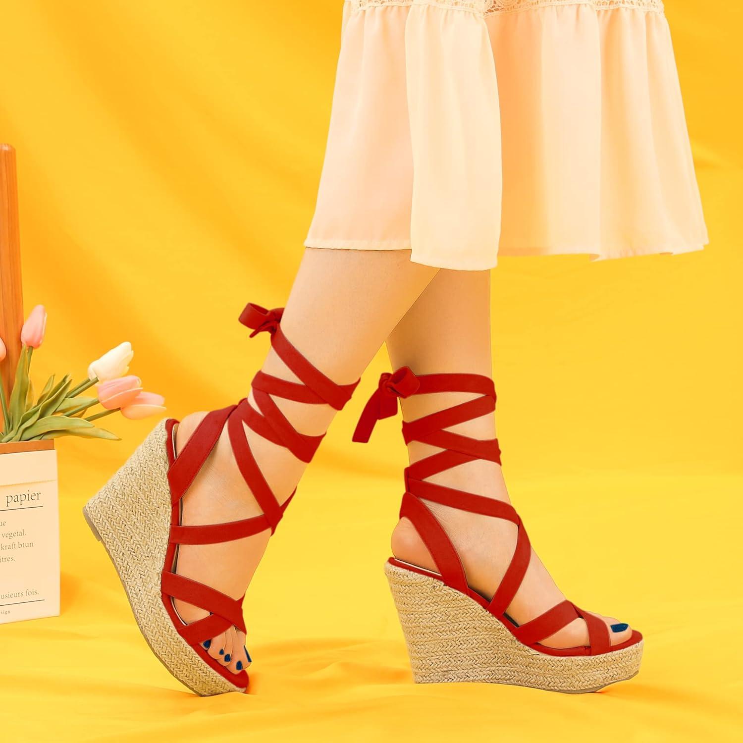 imageAllegra K Womens Espadrilles Platform Heels Lace Up Wedge SandalsRed