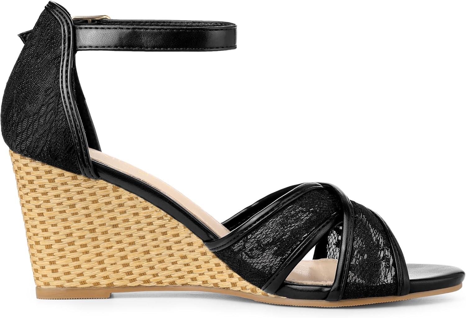 imageAllegra K Womens Floral Lace Mesh Wedges SandalsBlack