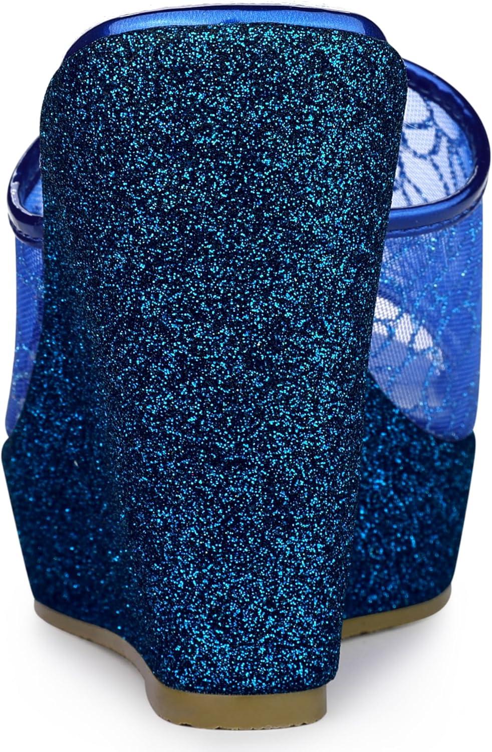 imageAllegra K Womens Glitter Platform Heels Slide Wedge SandalsBlue