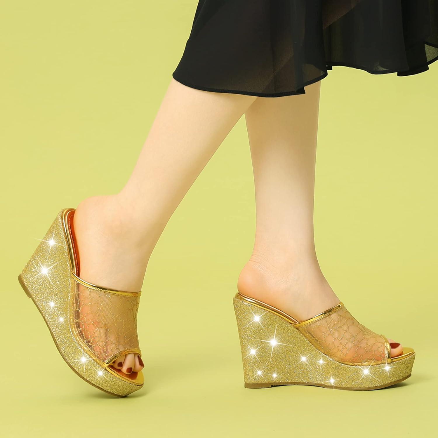 imageAllegra K Womens Glitter Platform Heels Slide Wedge SandalsGold