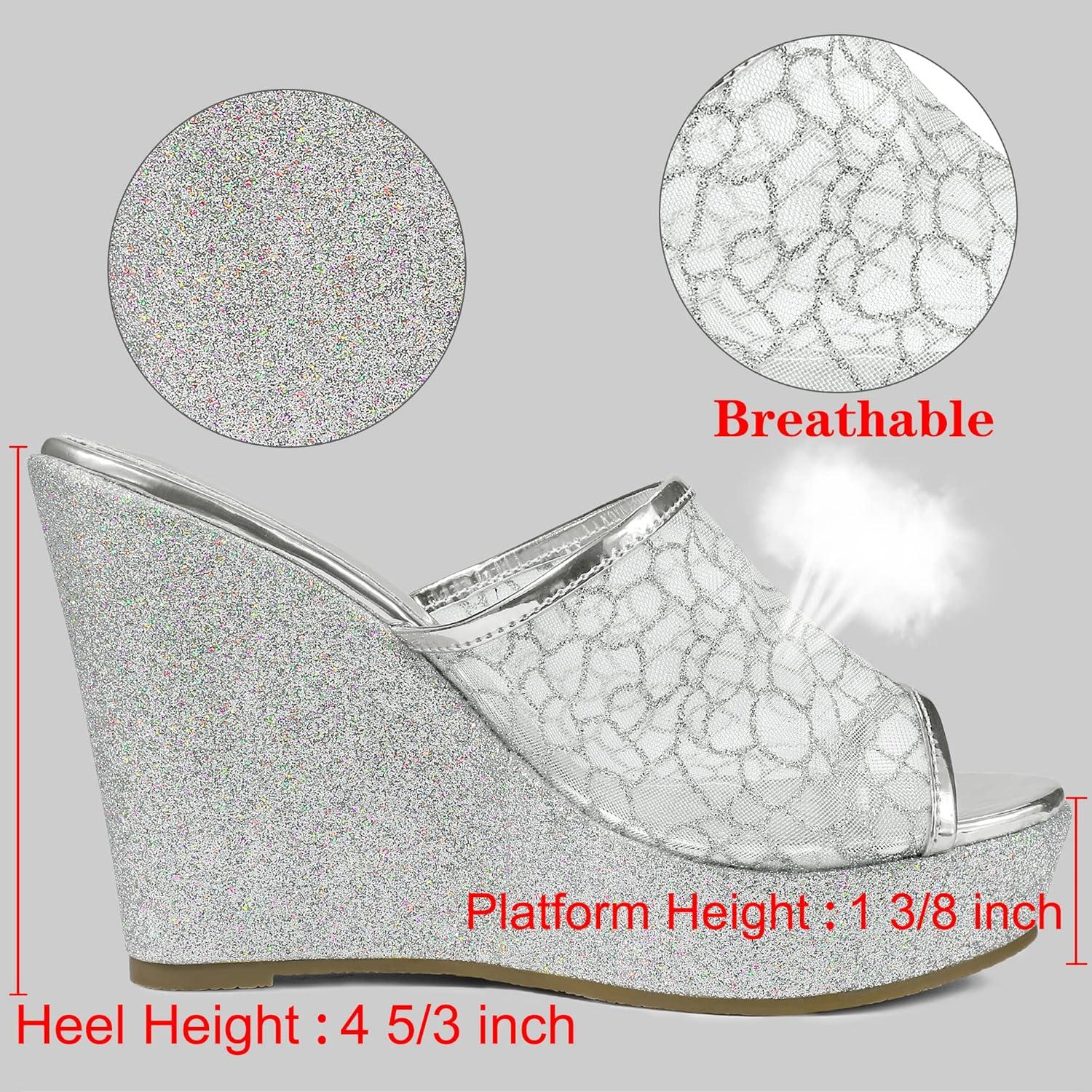 imageAllegra K Womens Glitter Platform Heels Slide Wedge SandalsSilver