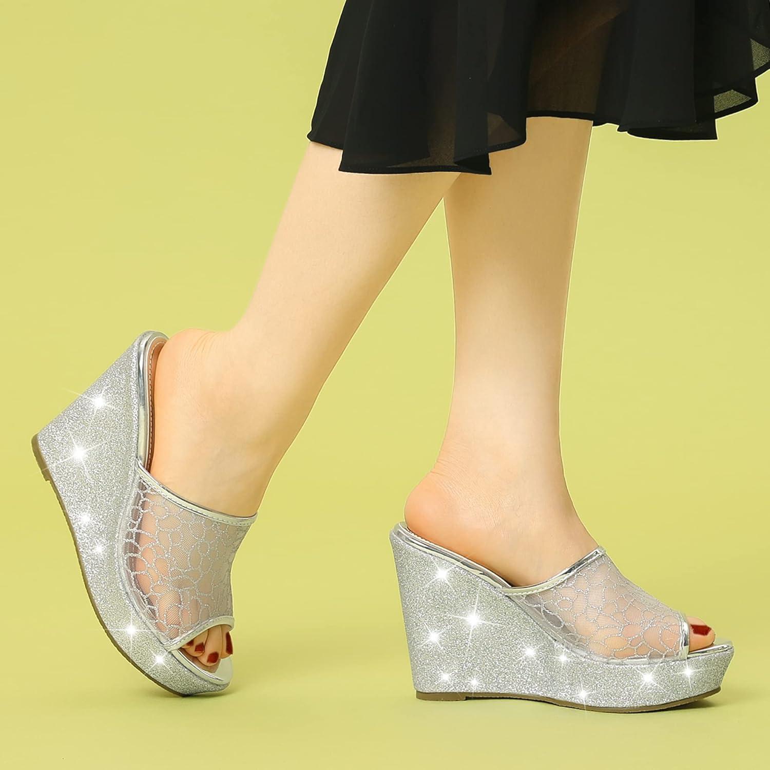 imageAllegra K Womens Glitter Platform Heels Slide Wedge SandalsSilver