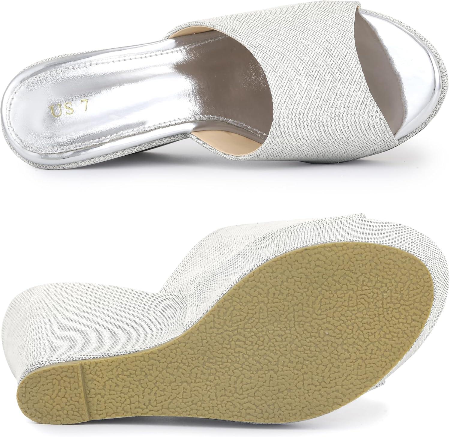 imageAllegra K Womens Glitter Platform Slip on Wedge Heels SandalsWhite Silver
