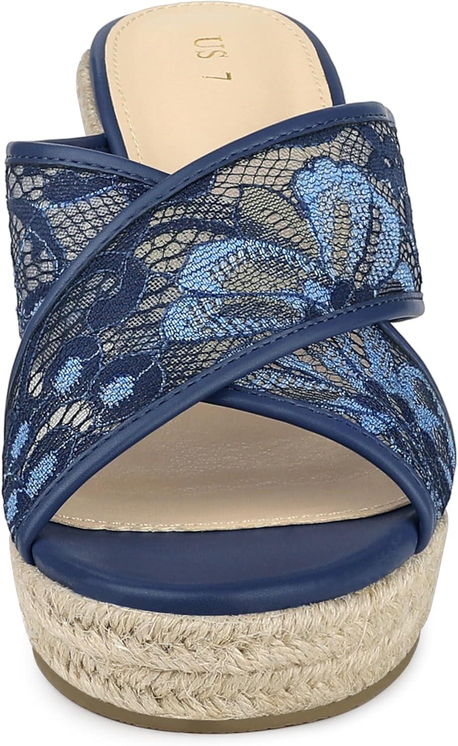imageAllegra K Womens Lace Crisscross Strap Slide Wedges Wedge Espadrilles SandalsDeep Blue