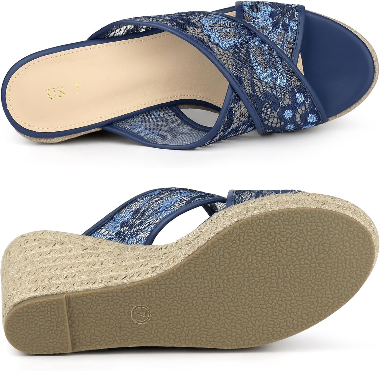 imageAllegra K Womens Lace Crisscross Strap Slide Wedges Wedge Espadrilles SandalsDeep Blue