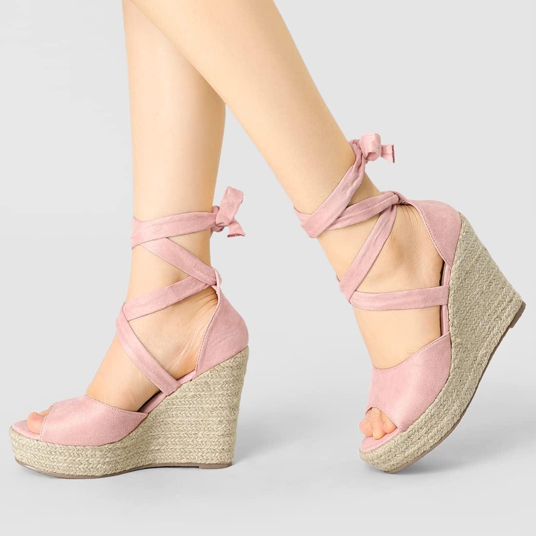 imageAllegra K Womens Lace Up Espadrilles Platform Platform Wedges SandalsLight Pink