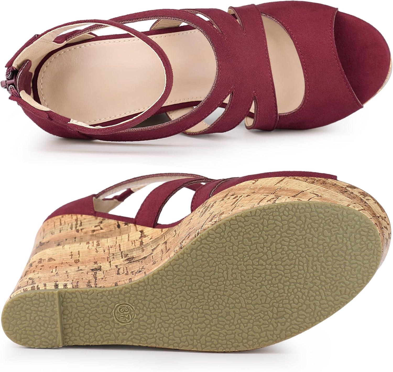 imageAllegra K Womens Platform Peep Toe Cutout Caged Cork Wedge Heel SandalsBurgundy
