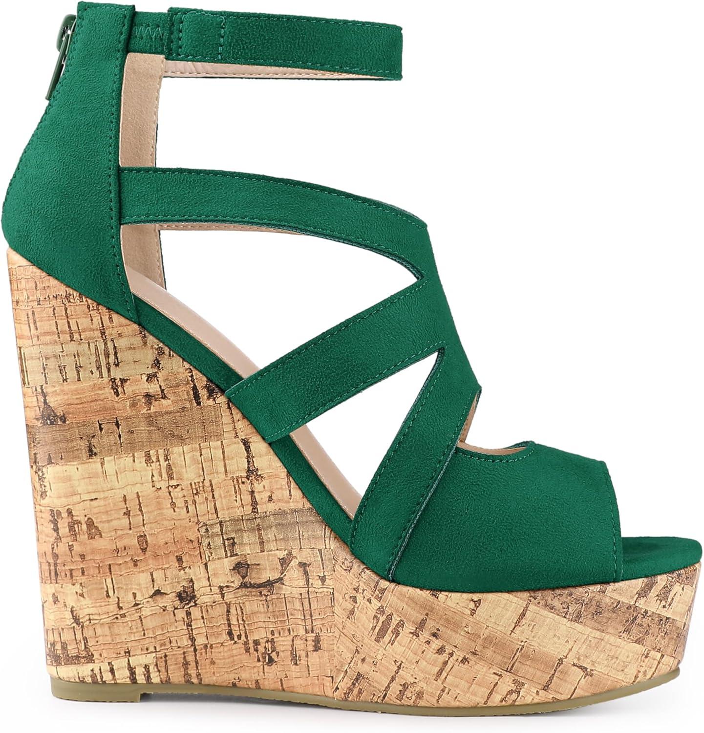 imageAllegra K Womens Platform Peep Toe Cutout Caged Cork Wedge Heel SandalsGreen