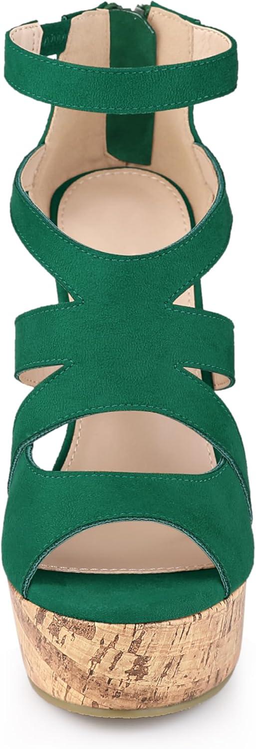 imageAllegra K Womens Platform Peep Toe Cutout Caged Cork Wedge Heel SandalsGreen