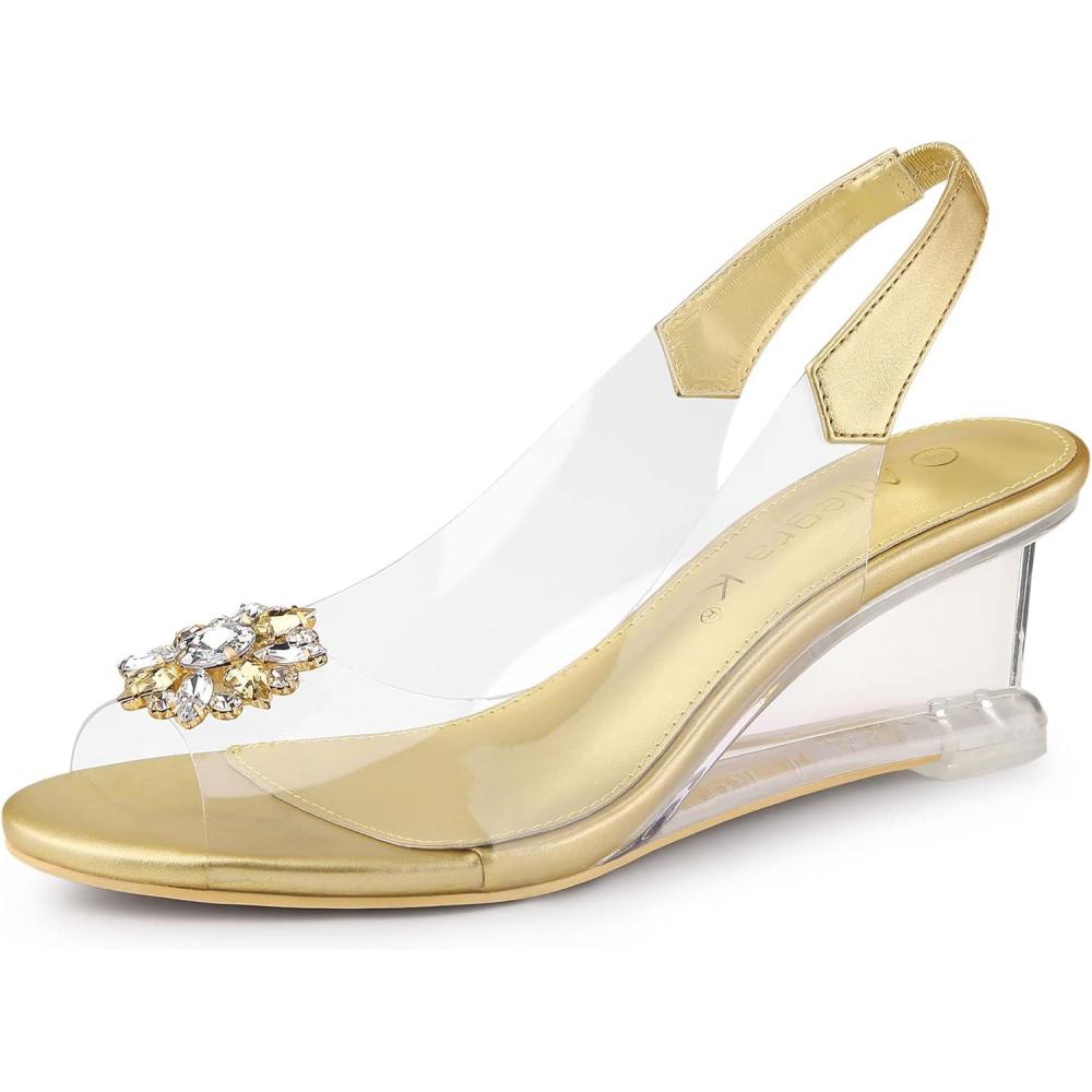 imageAllegra K Womens Clear Slingback Wedges Rhinestone Transparent Peep Toe HeelsGold