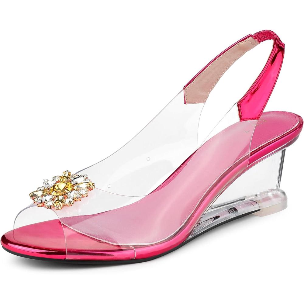imageAllegra K Womens Clear Slingback Wedges Rhinestone Transparent Peep Toe HeelsHot Pink