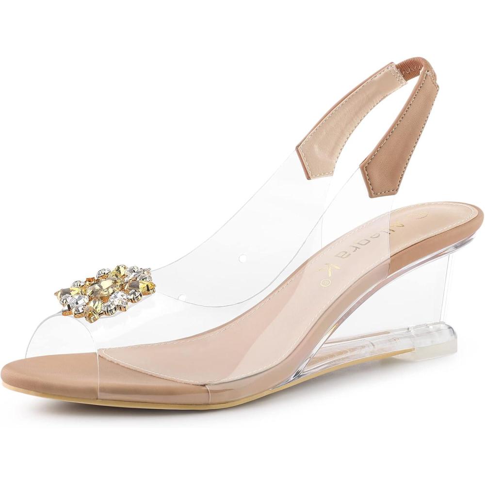 imageAllegra K Womens Clear Slingback Wedges Rhinestone Transparent Peep Toe HeelsNude