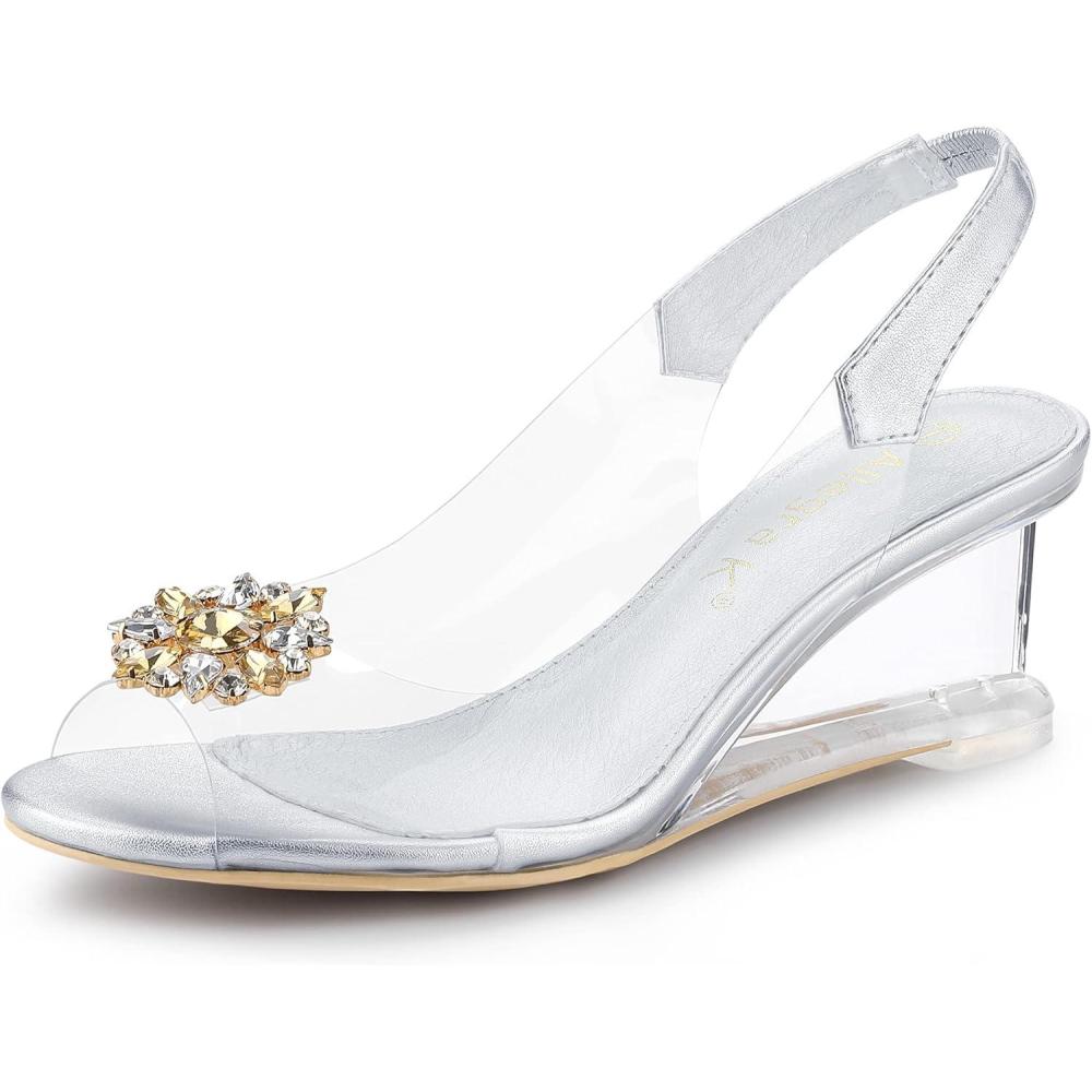 imageAllegra K Womens Clear Slingback Wedges Rhinestone Transparent Peep Toe HeelsSilver