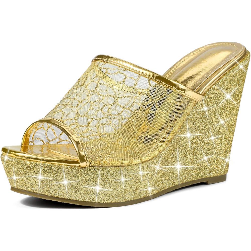 imageAllegra K Womens Glitter Platform Heels Slide Wedge SandalsGold