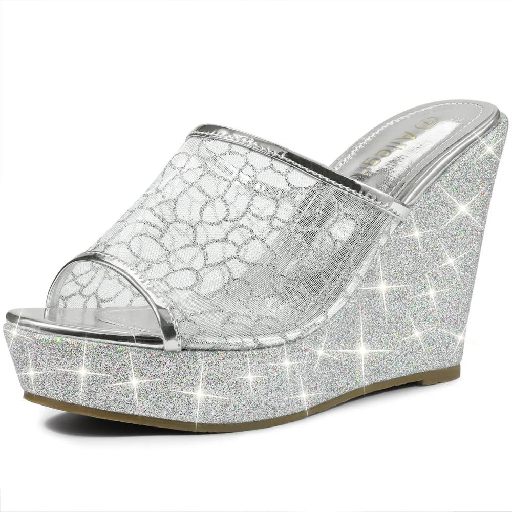 imageAllegra K Womens Glitter Platform Heels Slide Wedge SandalsSilver