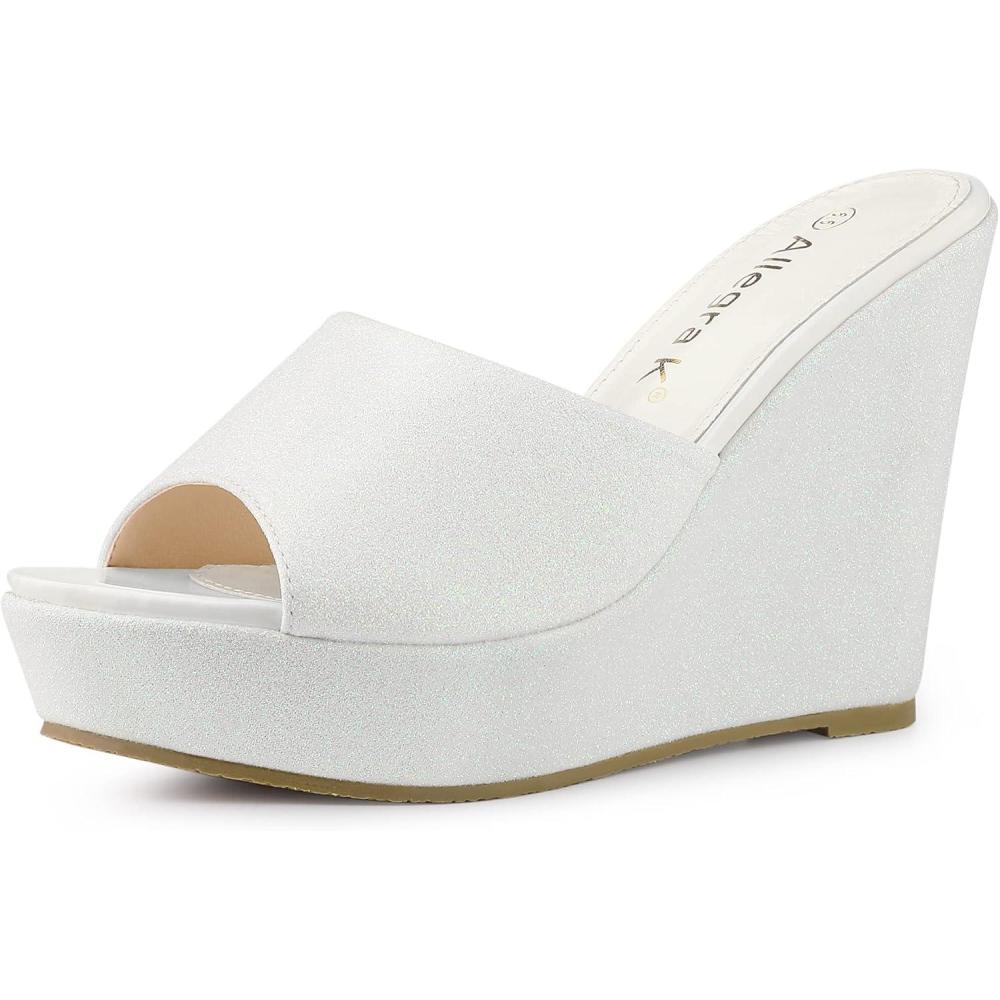 imageAllegra K Womens Glitter Platform Slip on Wedge Heels SandalsWhite