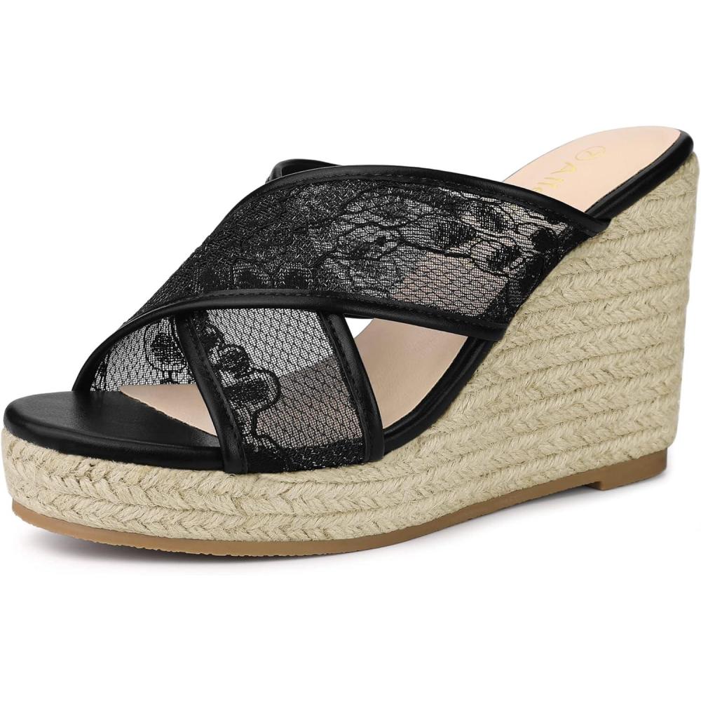 imageAllegra K Womens Lace Crisscross Strap Slide Wedges Wedge Espadrilles SandalsBlack