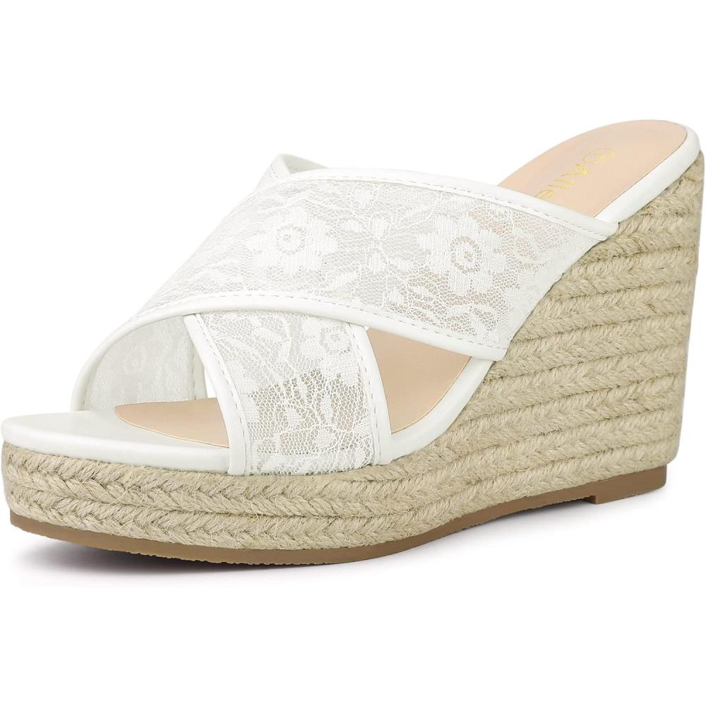 imageAllegra K Womens Lace Crisscross Strap Slide Wedges Wedge Espadrilles SandalsWhite