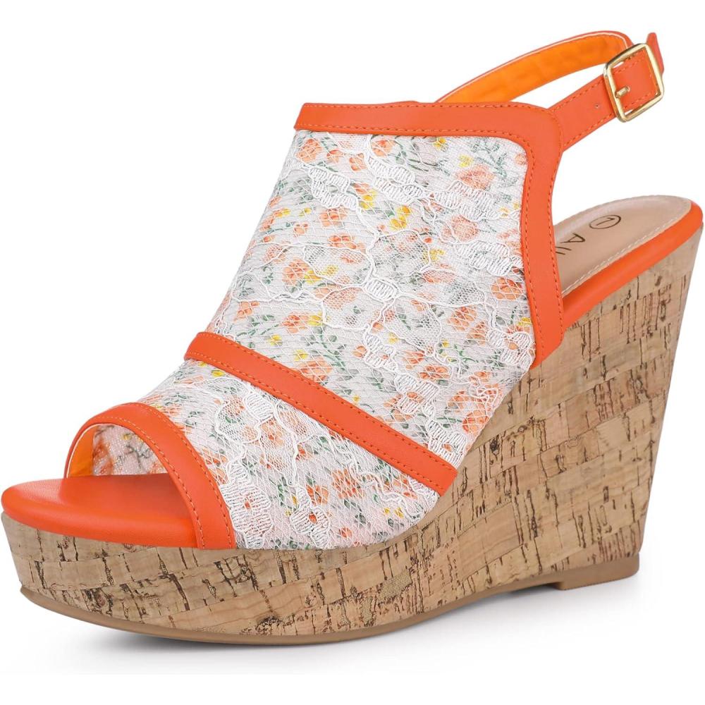 imageAllegra K Womens Open Toe Platform Heel Lace Wedges SandalsOrange Flower