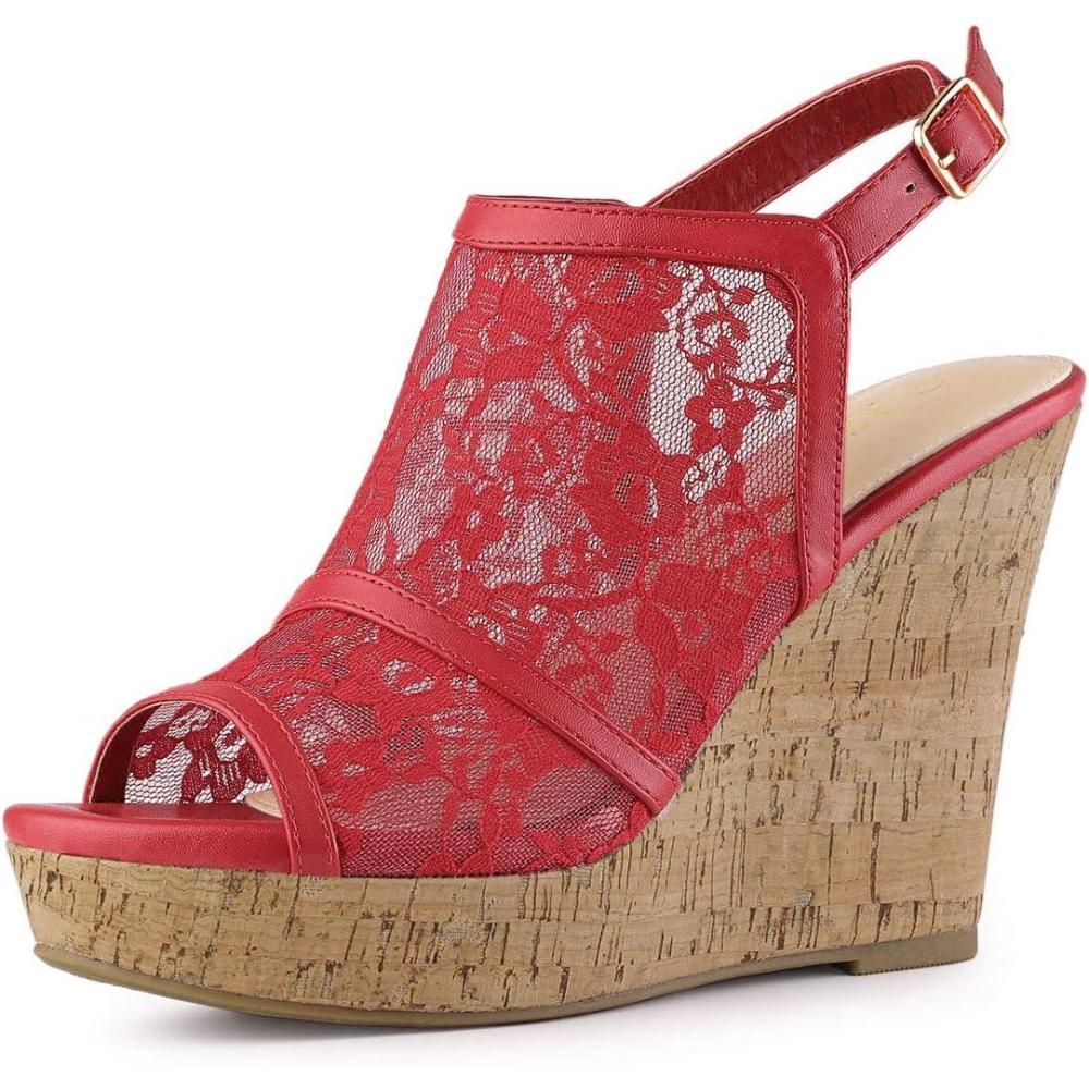 imageAllegra K Womens Open Toe Platform Heel Lace Wedges SandalsRed