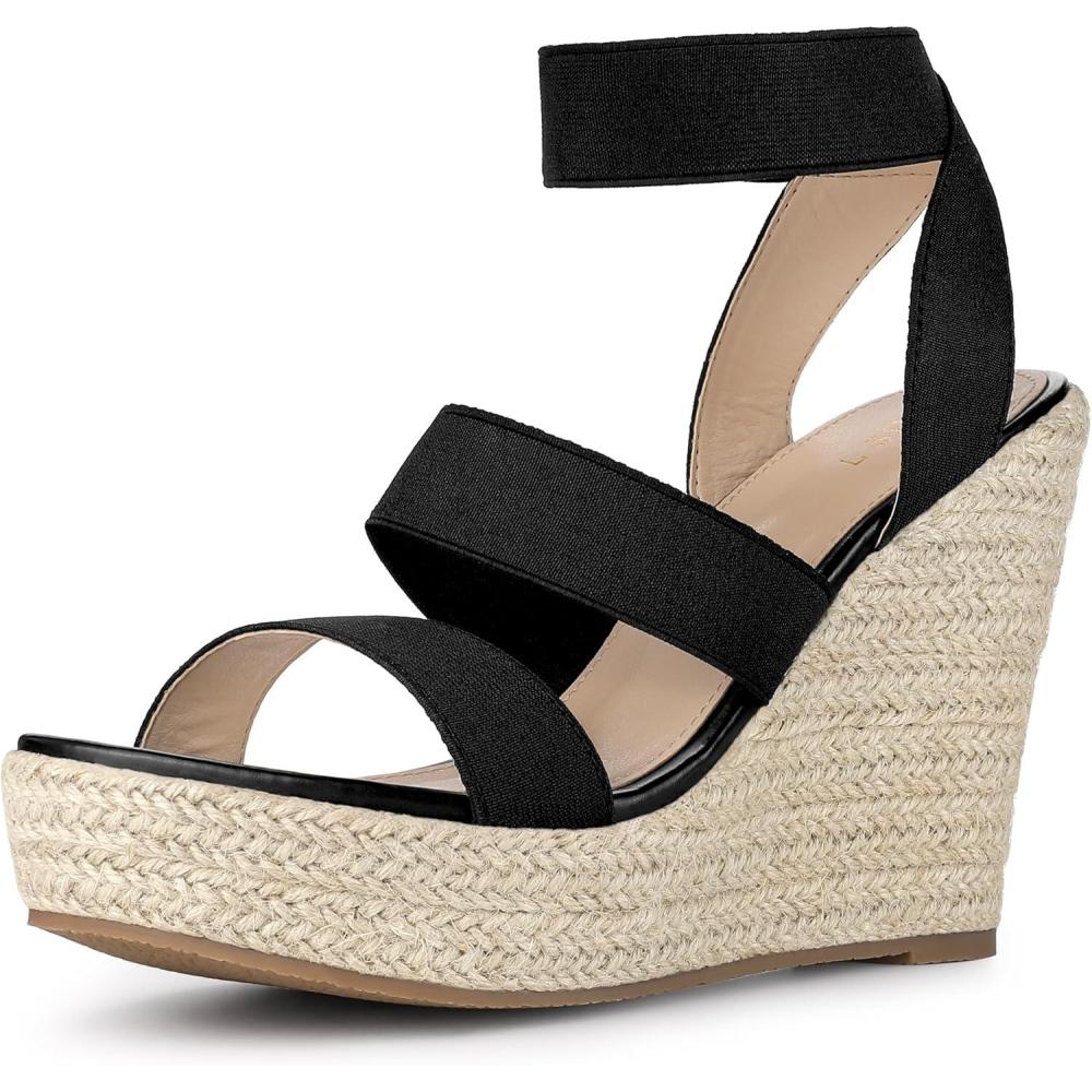 imageAllegra K Womens Platform Ankle Elastic Straps Espadrilles Wedge SandalsBlack