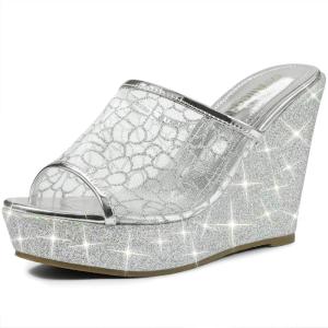 imageAllegra K Womens Glitter Platform Heels Slide Wedge SandalsSilver