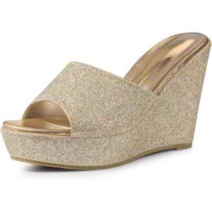 imageAllegra K Womens Glitter Platform Slip on Wedge Heels SandalsGold