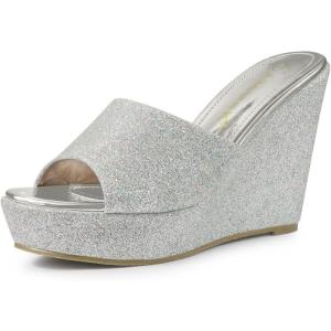 imageAllegra K Womens Glitter Platform Slip on Wedge Heels SandalsSilver