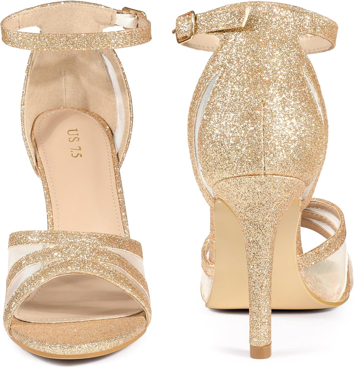 imageAllegra K Womens Glitter Ankle Strap Stiletto Heels SandalsRose Gold