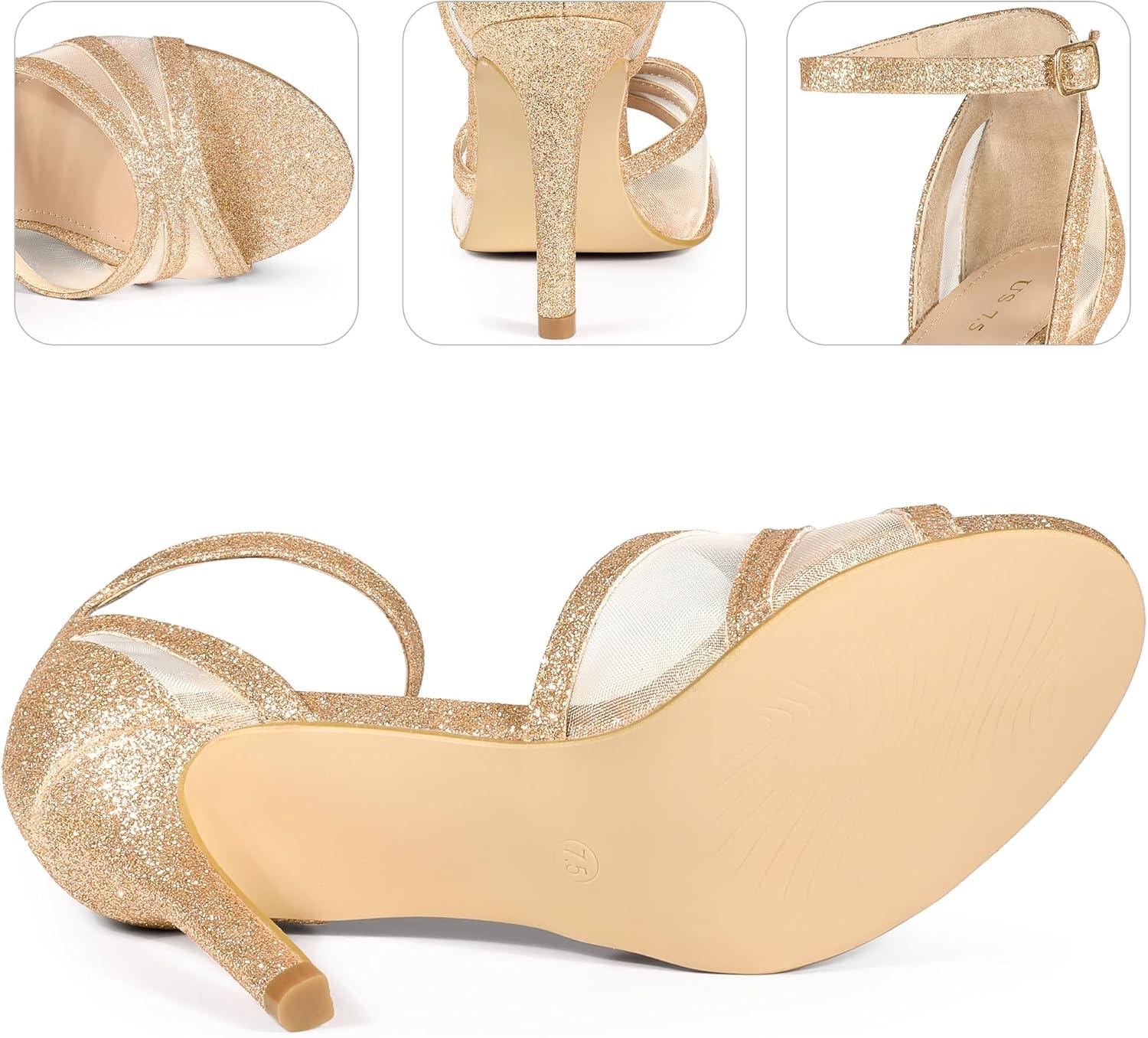 imageAllegra K Womens Glitter Ankle Strap Stiletto Heels SandalsRose Gold