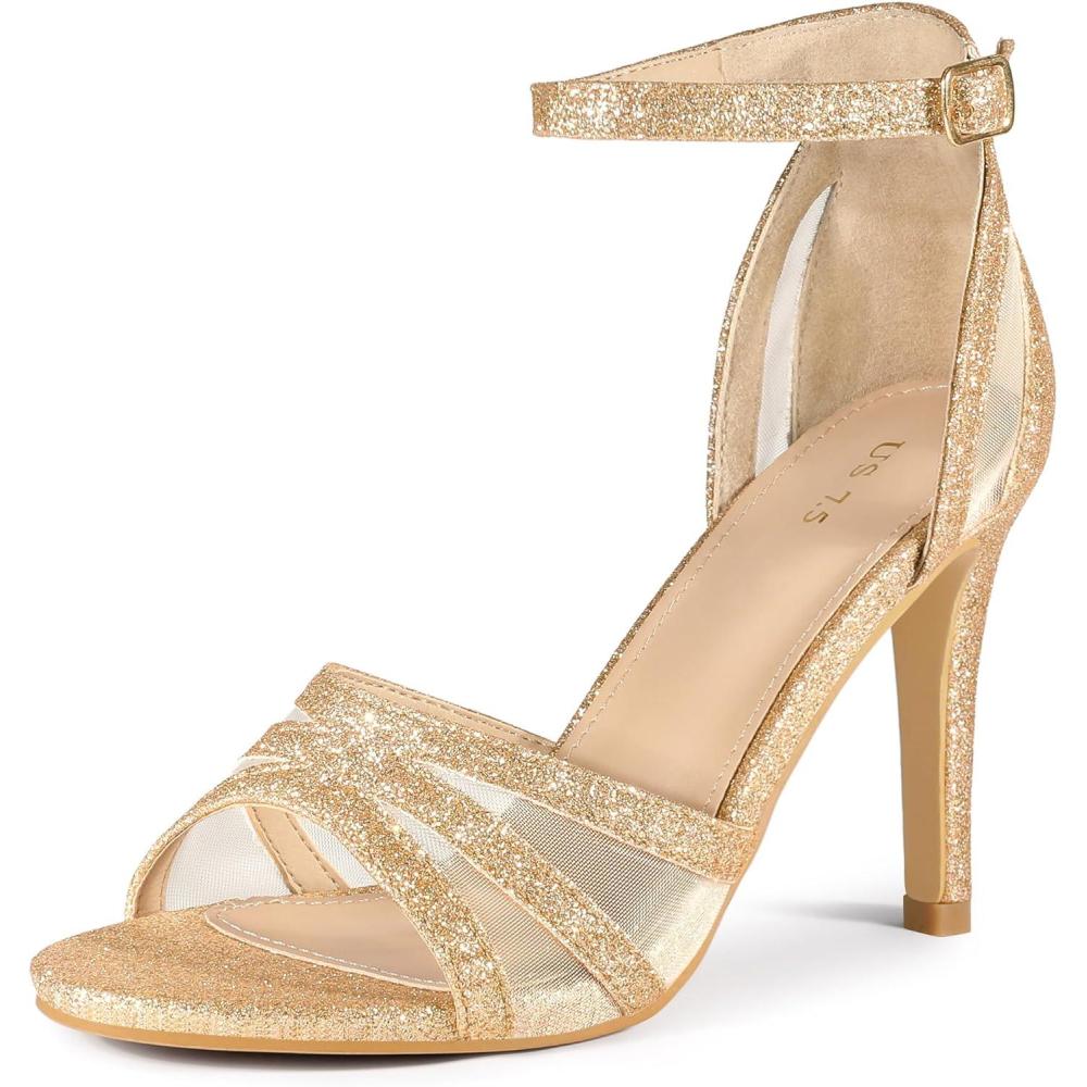 imageAllegra K Womens Glitter Ankle Strap Stiletto Heels SandalsRose Gold