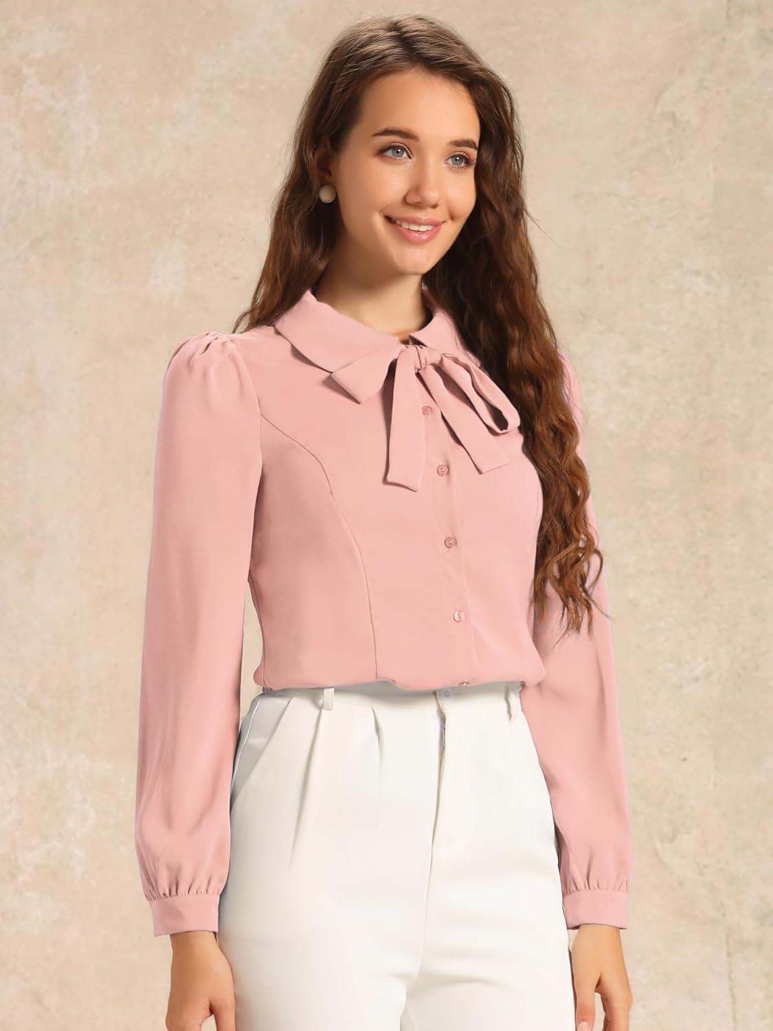 imageAllegra K Womens Peter Pan Collar Blouse Bow Tie Neck Vintage Casual Office Button Up ShirtCoral Pink