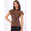 imageAllegra K Womens Elegant Floral Lace Blouse Short Sleeve Keyhole Back Fitted Semi Sheer TopBrown