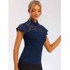imageAllegra K Womens Elegant Floral Lace Blouse Short Sleeve Keyhole Back Fitted Semi Sheer TopNavy Blue