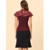 imageAllegra K Womens Elegant Floral Lace Blouse Short Sleeve Keyhole Back Fitted Semi Sheer TopWine