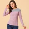 imageAllegra K Womens Striped Top Round Neck Tops Casual Long Sleeve ShirtPink Gray