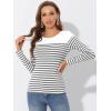 imageAllegra K Womens Striped Top Round Neck Tops Casual Long Sleeve ShirtWhite Gray
