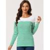 imageAllegra K Womens Striped Top Round Neck Tops Casual Long Sleeve ShirtWhite Green